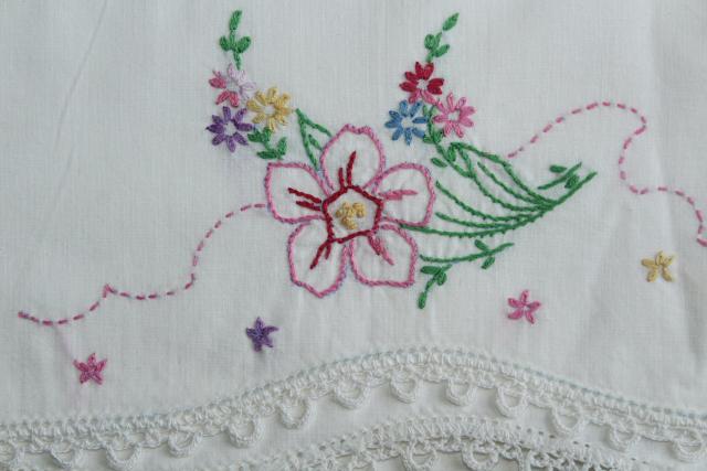 photo of vintage white cotton pillowcases w/ crochet lace & embroidered flowers #8