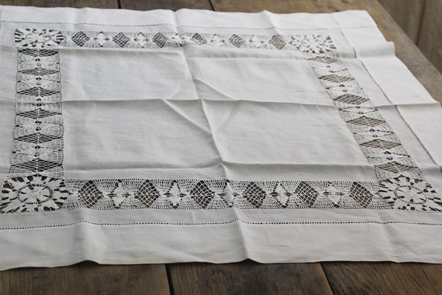 photo of vintage white cotton tea table cloth with drawn thread embroidery lace insertion #1