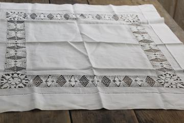 catalog photo of vintage white cotton tea table cloth with drawn thread embroidery lace insertion