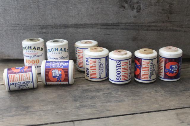 photo of vintage white cotton thread w/ original paper labels, Big Deal & Orchard Brand spools #1