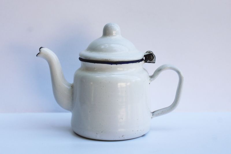 photo of vintage white enamelware cottage kitchen tea pot, tiny one cup teapot  #1