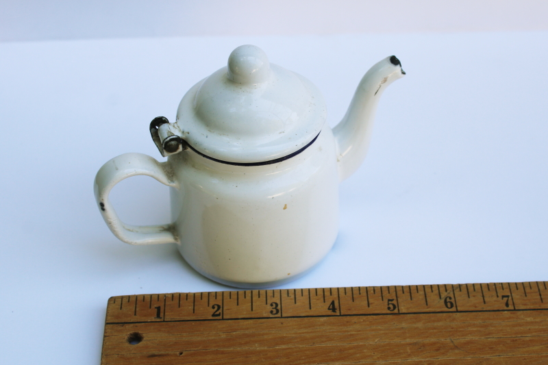 photo of vintage white enamelware cottage kitchen tea pot, tiny one cup teapot  #2