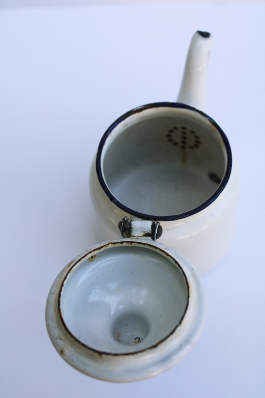 photo of vintage white enamelware cottage kitchen tea pot, tiny one cup teapot  #3