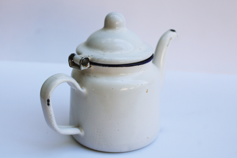 photo of vintage white enamelware cottage kitchen tea pot, tiny one cup teapot  #4