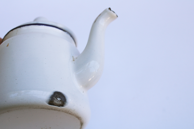 photo of vintage white enamelware cottage kitchen tea pot, tiny one cup teapot  #5