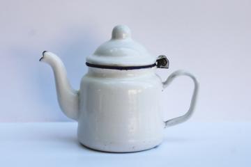 vintage white enamelware cottage kitchen tea pot, tiny one cup teapot 