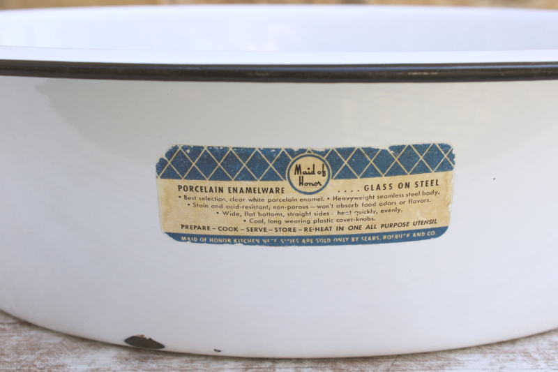 photo of vintage white enamelware tub w/ Maid of Honor label, large oval dishpan from old farmhouse kitchen  #2