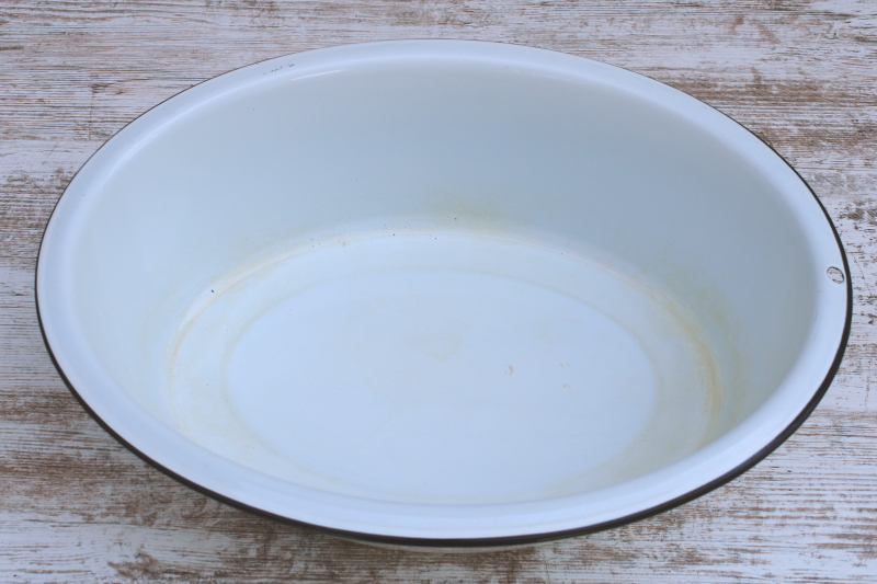 photo of vintage white enamelware tub w/ Maid of Honor label, large oval dishpan from old farmhouse kitchen  #4