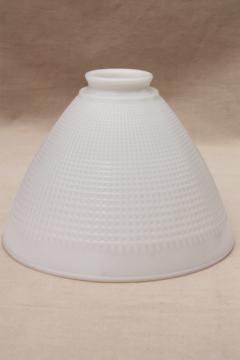 catalog photo of vintage white glass diffuser shade, lamp shade reflector waffle milk glass