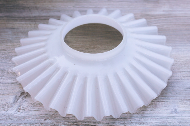 photo of vintage white glass reflector, flat crimped glass shade for antique industrial pendant light #1