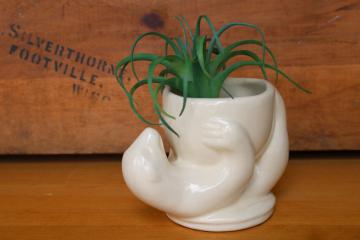 catalog photo of vintage white glaze pottery planter figural animal - sloth? otter? polar bear?