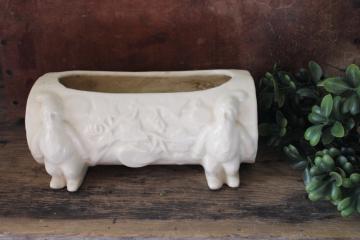 vintage white glaze pottery planter, gnomes holding log - McCoy? Shawnee?