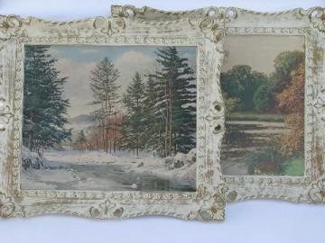 catalog photo of vintage white & gold rococo plastic frames, 60s landscape prints