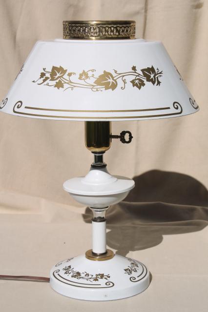 photo of vintage white & gold tole table lamp with milk glass reflector & metal shade #1