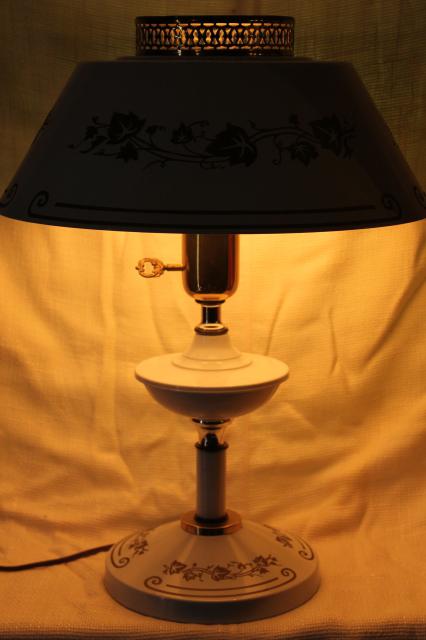 photo of vintage white & gold tole table lamp with milk glass reflector & metal shade #4