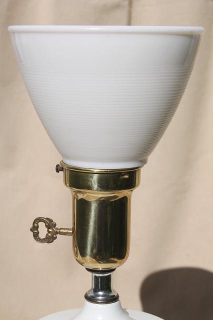 photo of vintage white & gold tole table lamp with milk glass reflector & metal shade #7