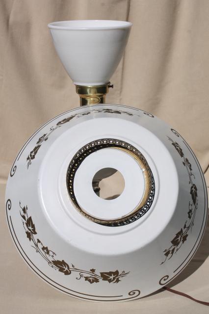 photo of vintage white & gold tole table lamp with milk glass reflector & metal shade #11