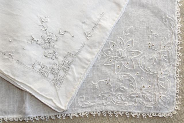 photo of vintage white hankies lot, fine cotton & linen lace edged handkerchiefs Madeira & Swiss embroidery #6