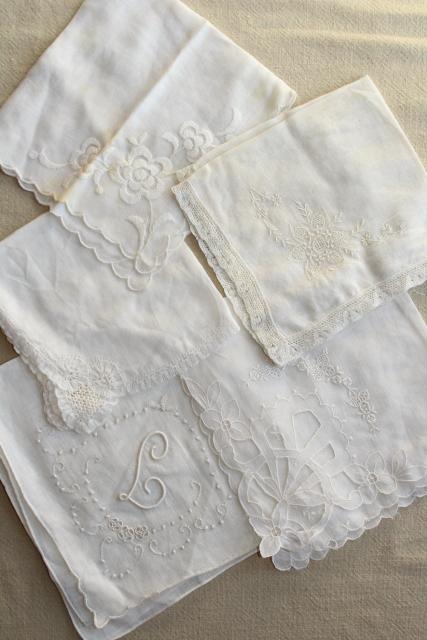 photo of vintage white hankies lot, fine cotton & linen lace edged handkerchiefs Madeira and Swiss embroidery #7