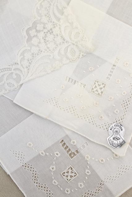 photo of vintage white hankies lot, fine cotton & linen lace edged handkerchiefs Madeira and Swiss embroidery #5