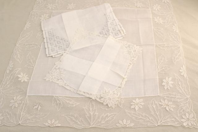 photo of vintage white hankies lot, fine cotton & linen lace edged handkerchiefs Madeira and Swiss embroidery #6