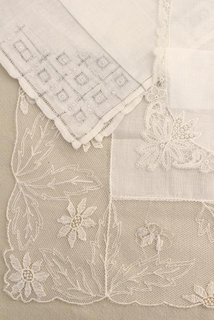 photo of vintage white hankies lot, fine cotton & linen lace edged handkerchiefs Madeira and Swiss embroidery #7