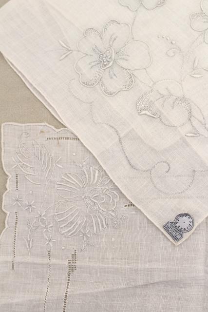 photo of vintage white hankies lot, fine cotton & linen lace edged handkerchiefs Madeira and Swiss embroidery #11