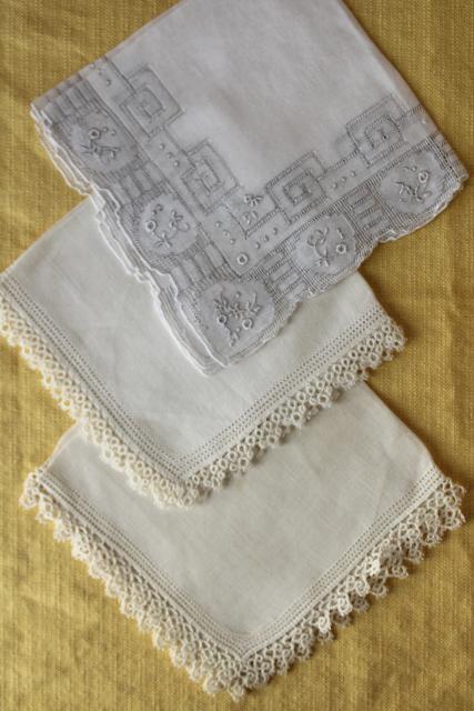 photo of vintage white hankies lot, fine cotton & linen lace edged handkerchiefs Madeira and Swiss embroidery #9