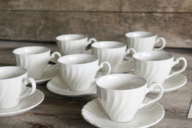 photo of vintage white ironstone china, 8 tea cups & saucers Regency swirl, Johnson Bros England #2