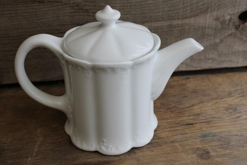 photo of vintage white ironstone china coffee or tea pot, oval shape w/ embossed pattern #6
