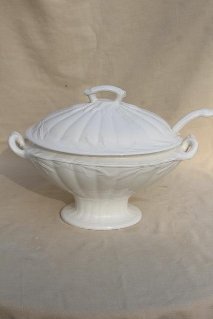 photo of vintage white ironstone china soup tureen, embossed wheat old English Staffordshire #1