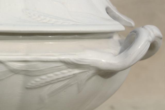 photo of vintage white ironstone china soup tureen, embossed wheat old English Staffordshire #6