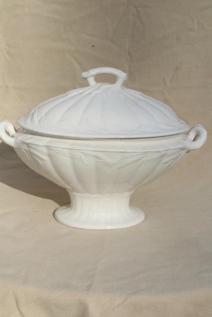 photo of vintage white ironstone china soup tureen, embossed wheat old English Staffordshire #12