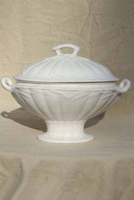 photo of vintage white ironstone china soup tureen, embossed wheat old English Staffordshire #14