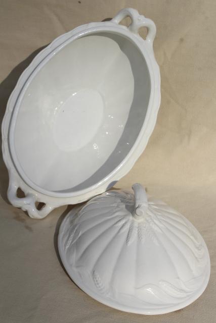 photo of vintage white ironstone china soup tureen, embossed wheat old English Staffordshire #17
