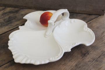 catalog photo of vintage white ironstone relish tray, three part serving dish w/ handle ornate embossed shape