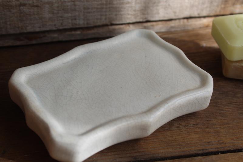 photo of vintage white ironstone soap dish, heavy antique porcelain browned w/ age crazing #3