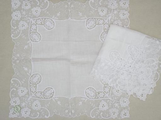 photo of vintage white lace hankies, bride's wedding hankerchiefs w/ lacy hearts #1