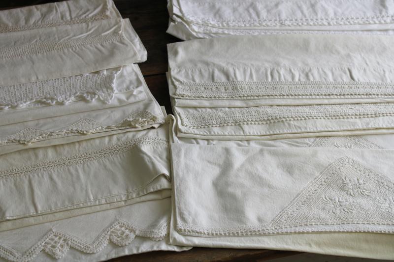 photo of vintage white lace trimmed cotton pillowcases, lot of linens for upcycle sewing projects #1