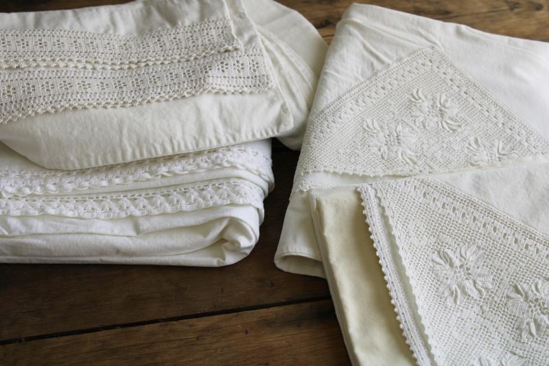 photo of vintage white lace trimmed cotton pillowcases, lot of linens for upcycle sewing projects #9