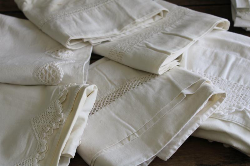 photo of vintage white lace trimmed cotton pillowcases, lot of linens for upcycle sewing projects #10