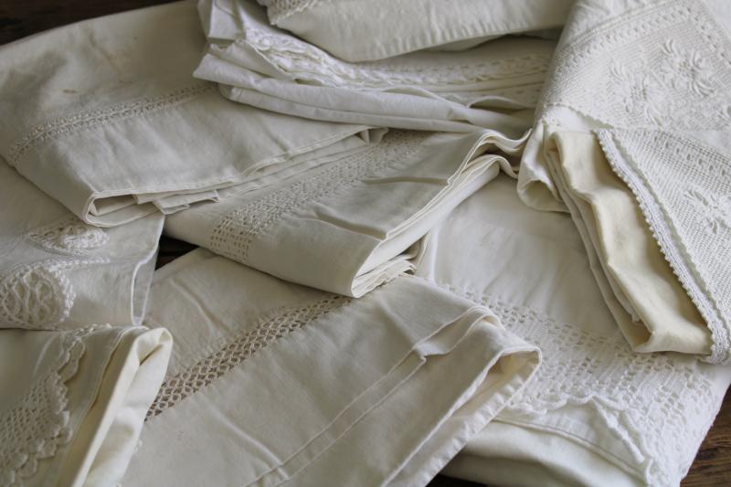 photo of vintage white lace trimmed cotton pillowcases, lot of linens for upcycle sewing projects #11