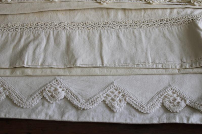 photo of vintage white lace trimmed cotton pillowcases, lot of linens for upcycle sewing projects #13