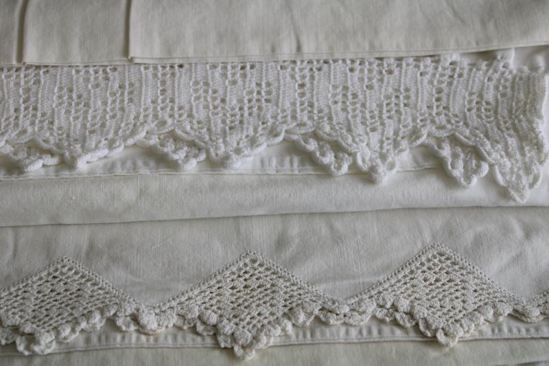 photo of vintage white lace trimmed cotton pillowcases, lot of linens for upcycle sewing projects #14