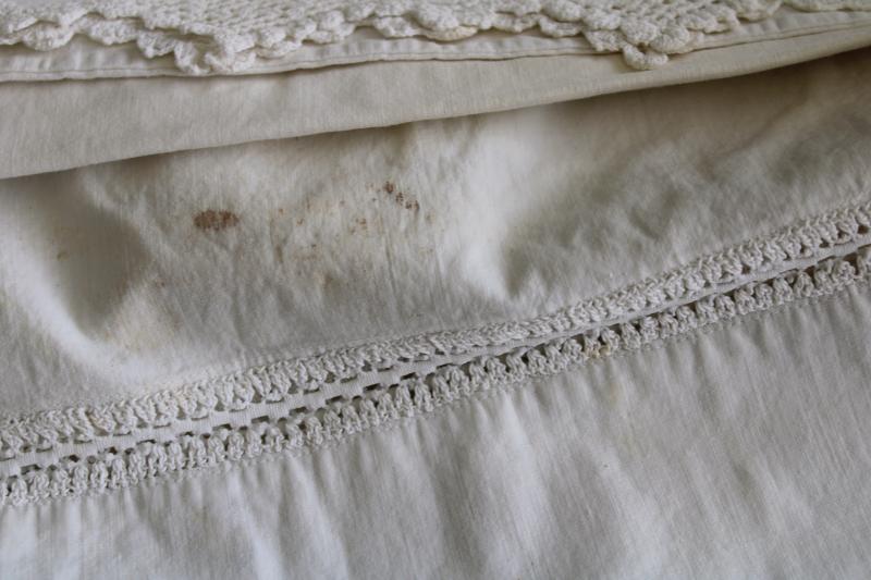 photo of vintage white lace trimmed cotton pillowcases, lot of linens for upcycle sewing projects #16