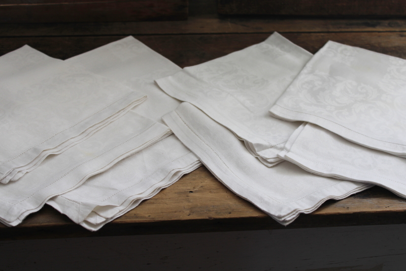 photo of vintage white linen damask dinner napkins set of 8, smooth crisp pure linen fabric #1