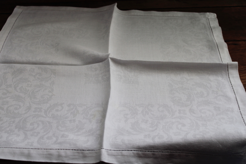 photo of vintage white linen damask dinner napkins set of 8, smooth crisp pure linen fabric #4