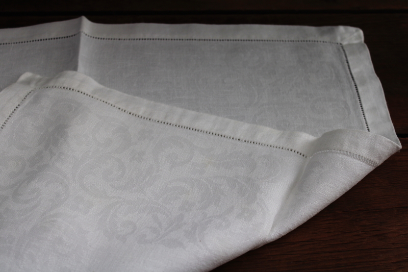 photo of vintage white linen damask dinner napkins set of 8, smooth crisp pure linen fabric #5