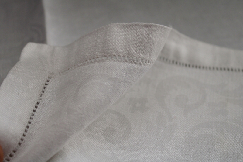 photo of vintage white linen damask dinner napkins set of 8, smooth crisp pure linen fabric #6