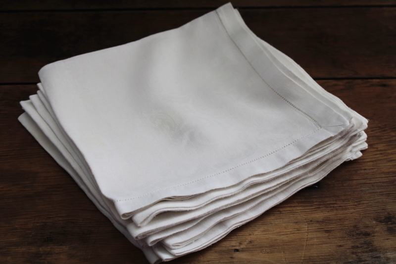 photo of vintage white linen damask dinner napkins set of 8, smooth crisp pure linen fabric #7